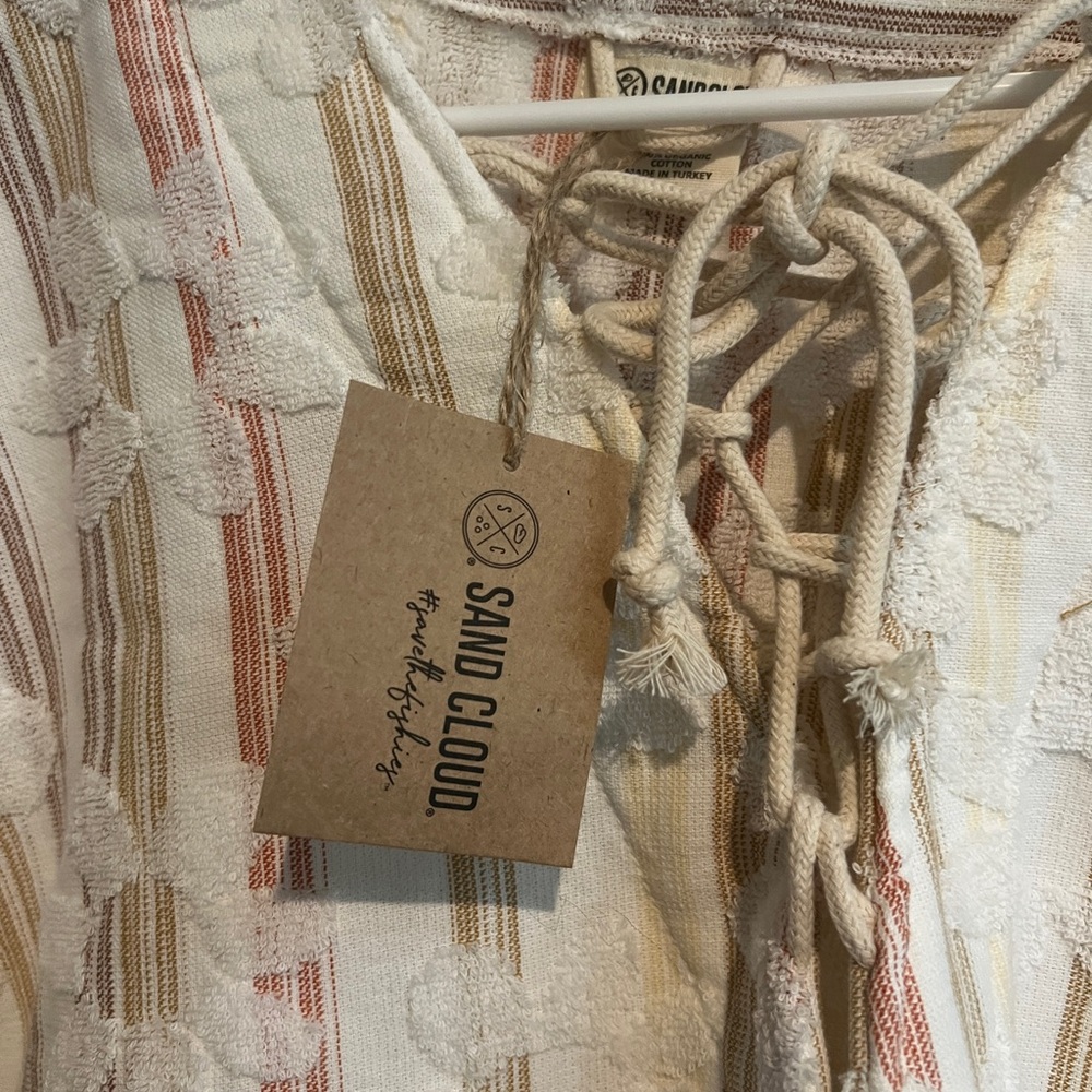Women’s Lace-Up Striped Embroidered Top - Cream with Pink & Tan Accents - Picture 2 of 2